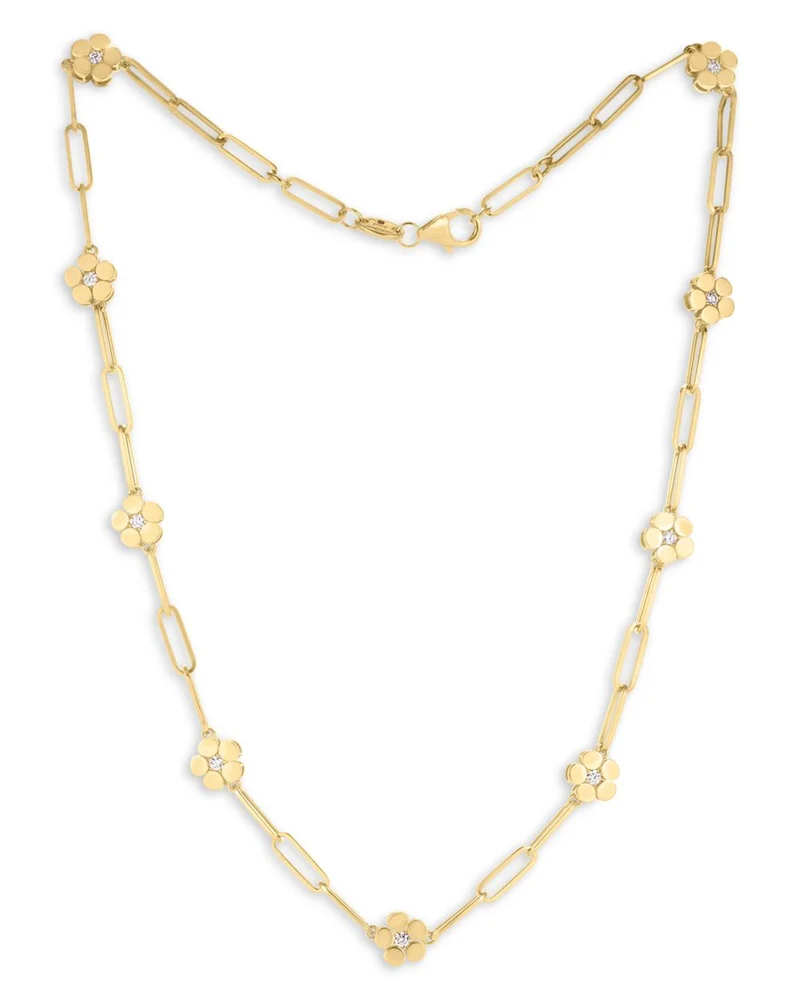 18K Yellow Gold Daisy Diamond Station Paperclip Chain Necklace, 16 in.