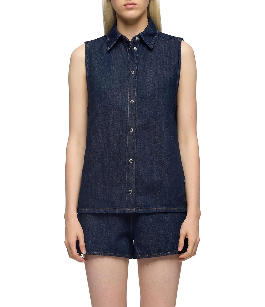 Dark Wash Linen Blend Collared Neck Sleeveless Coordinating Button-Front Shirt
