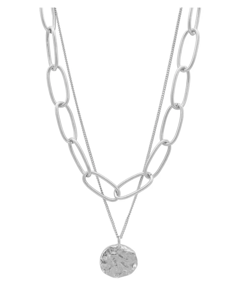 Silver Oval Link Chain and Coin Pendant Layered Necklace