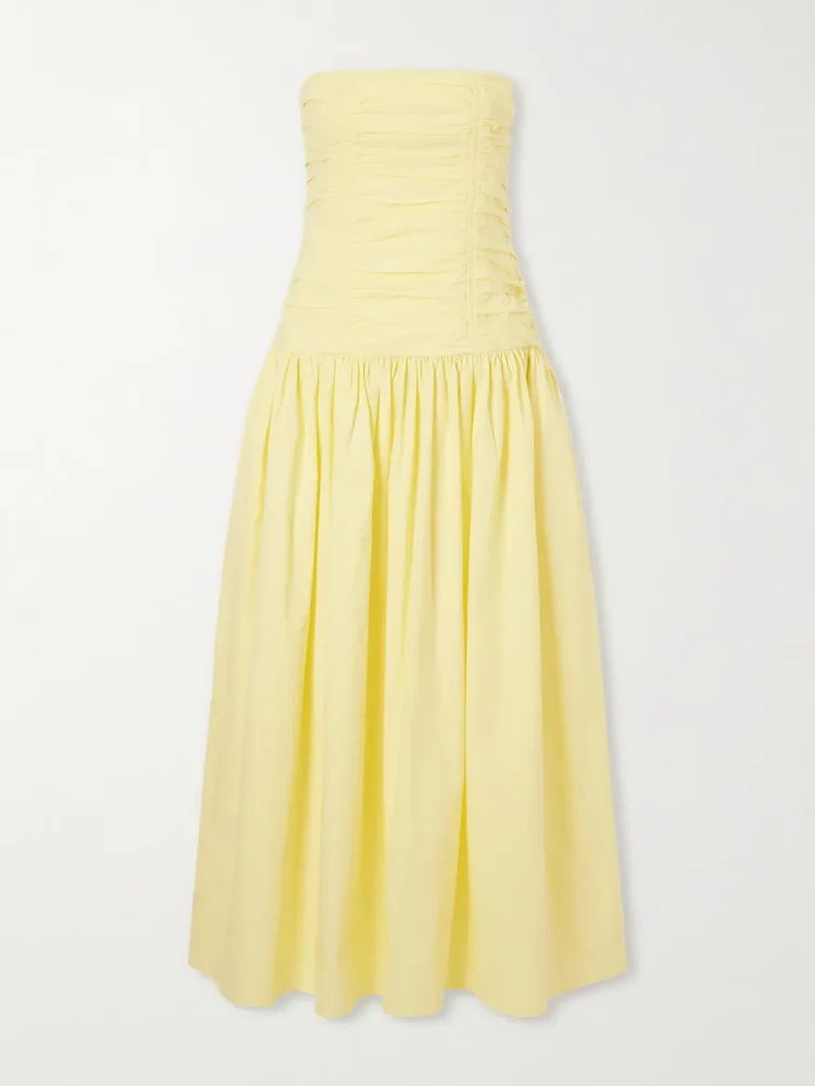 Strapless ruched organic cotton-poplin midi dress