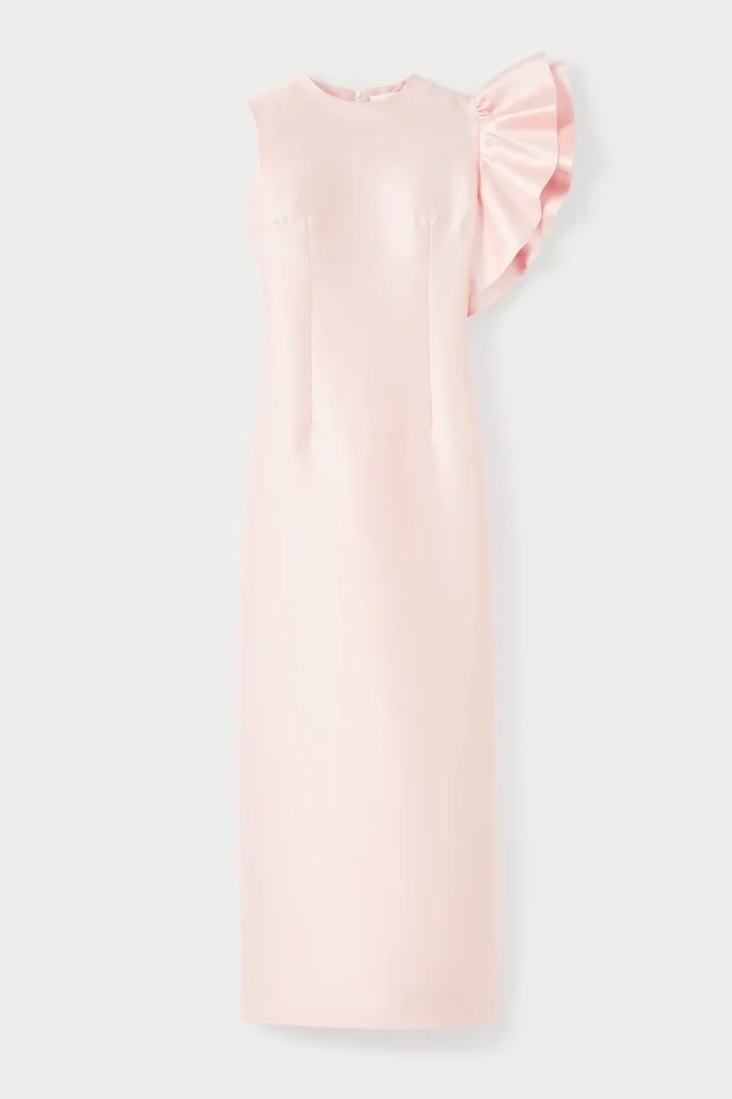 Nude satin midi dress with asymmetric ruffle detail