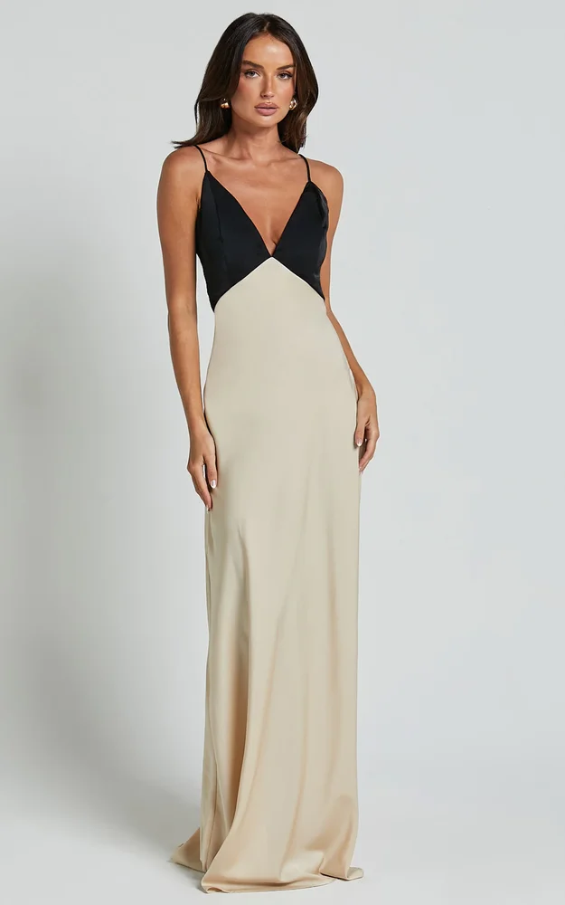 Quincy Maxi Dress, Satin Slip Dress in Black/Champagne