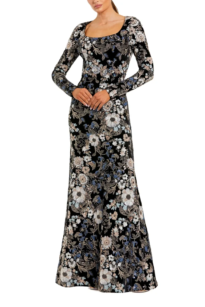 Embroidered Velvet Long Sleeve Scoop Neck Gown