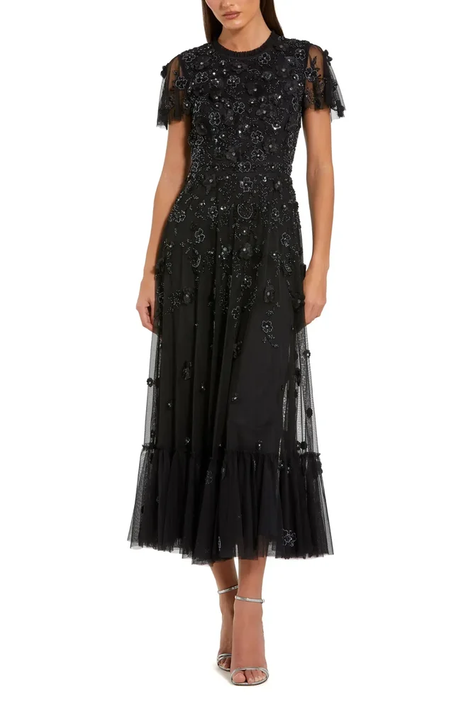 Embellished High Neck Cap Sleeve A Line Dress