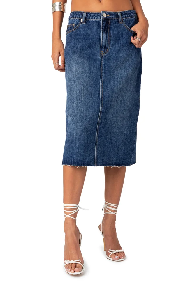 Mirah Raw Hem Denim Midi Skirt