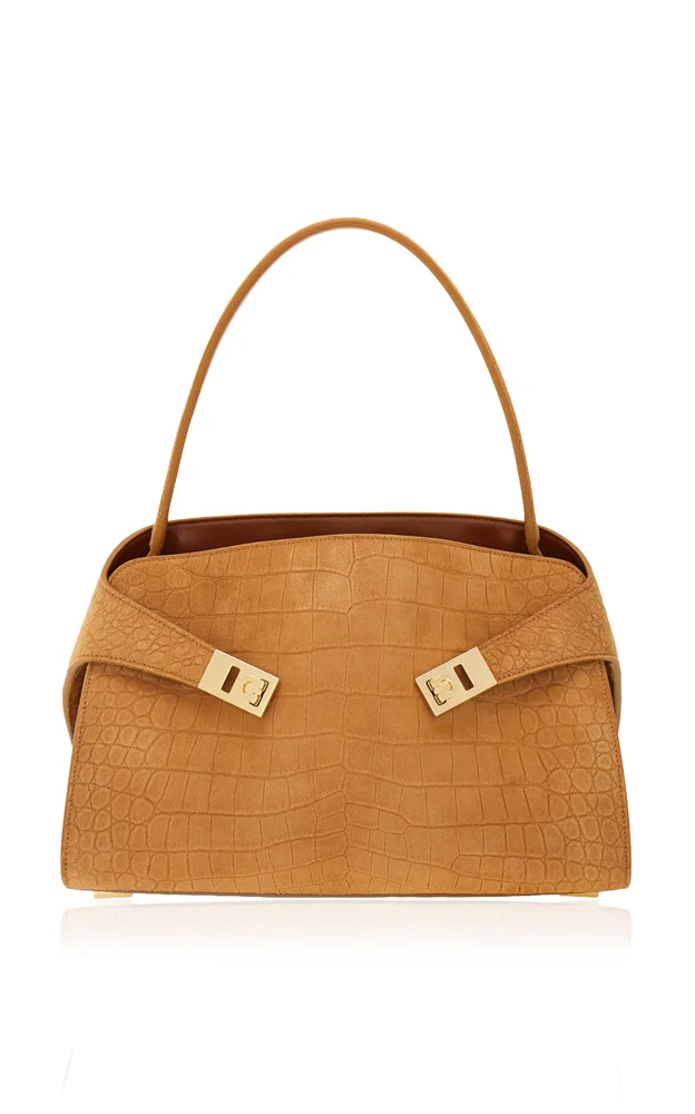Hug Soft Alligator-Embossed Suede Shoulder Bag