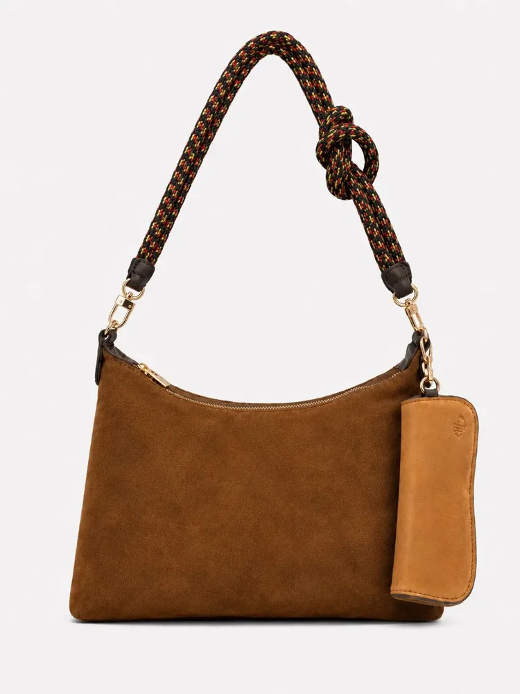 Solara Suede Leather Shoulder Bag With Knot Handle & Charm