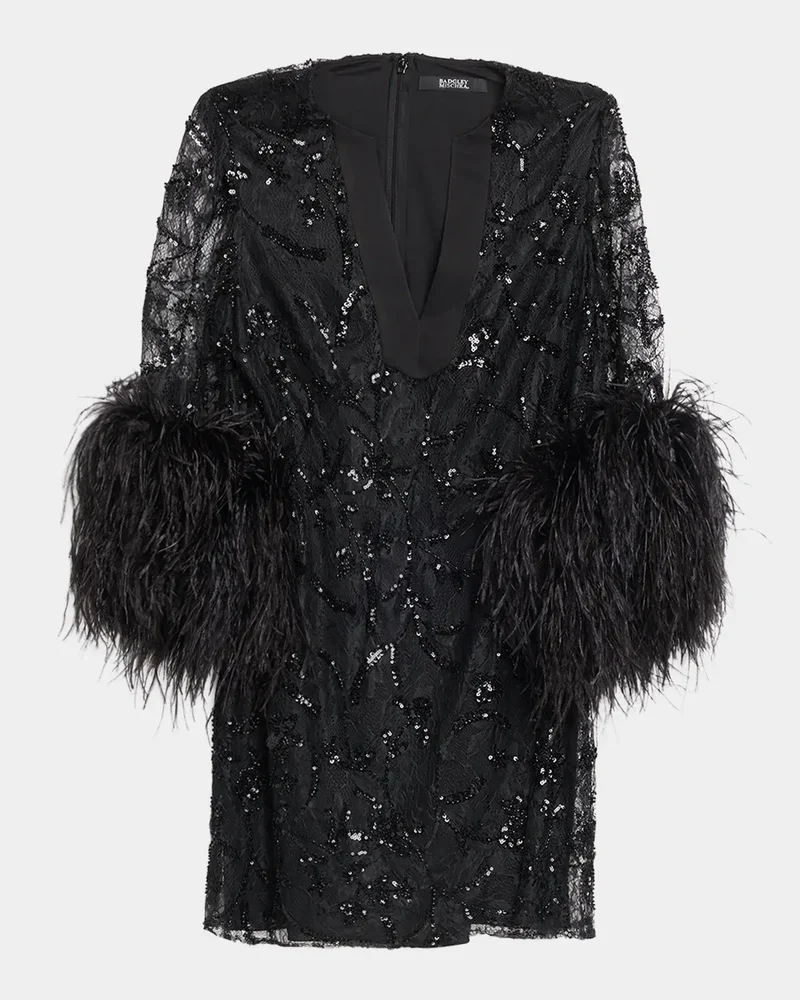 Feather-Cuff Beaded Lace Mini Dress