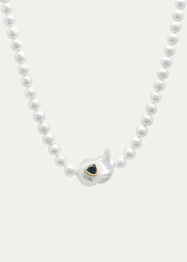 Sweet Tart Baroque Pearl Choker Necklace with Blue Topaz Trillion Inset