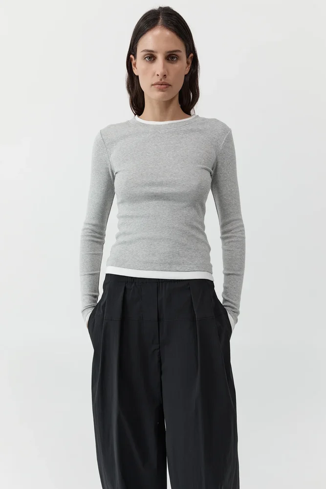 Organic Cotton Layered Long Sleeve Top - Grey Marle