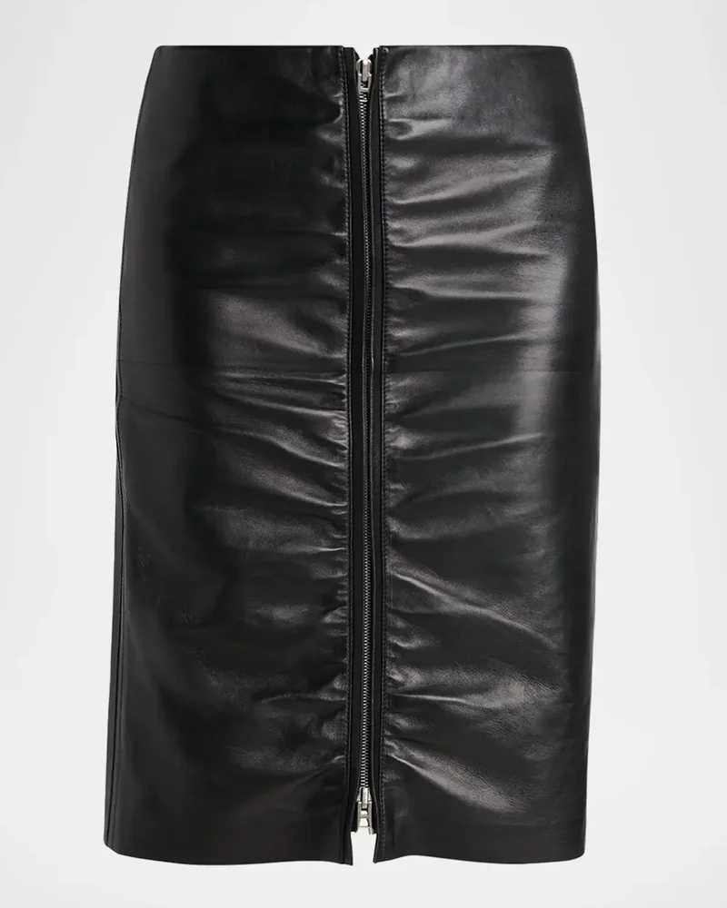 Ruched Leather Zip-Front Skirt