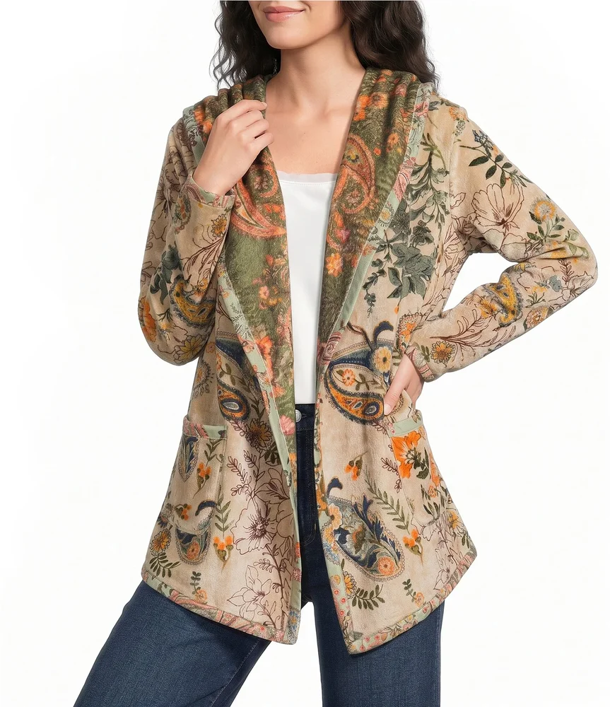 Joan Reversible Bold Contrast Printed Sherpa Long Sleeve Hooded Shawl Collar Jacket