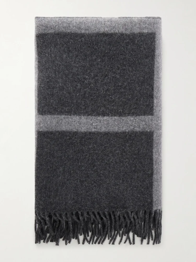 Monogram fringed brushed-wool scarf