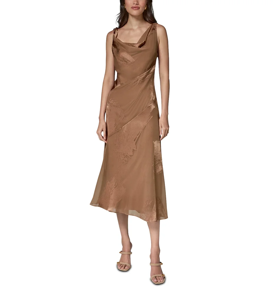 Satin Burnout Asymmetrical Neck Midi Dress