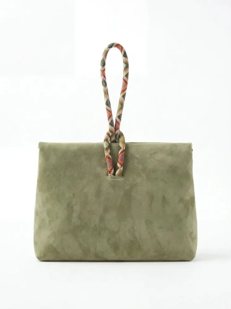 Marissa Suede Leather Top Handle Handbag with Suzani Knot Handle