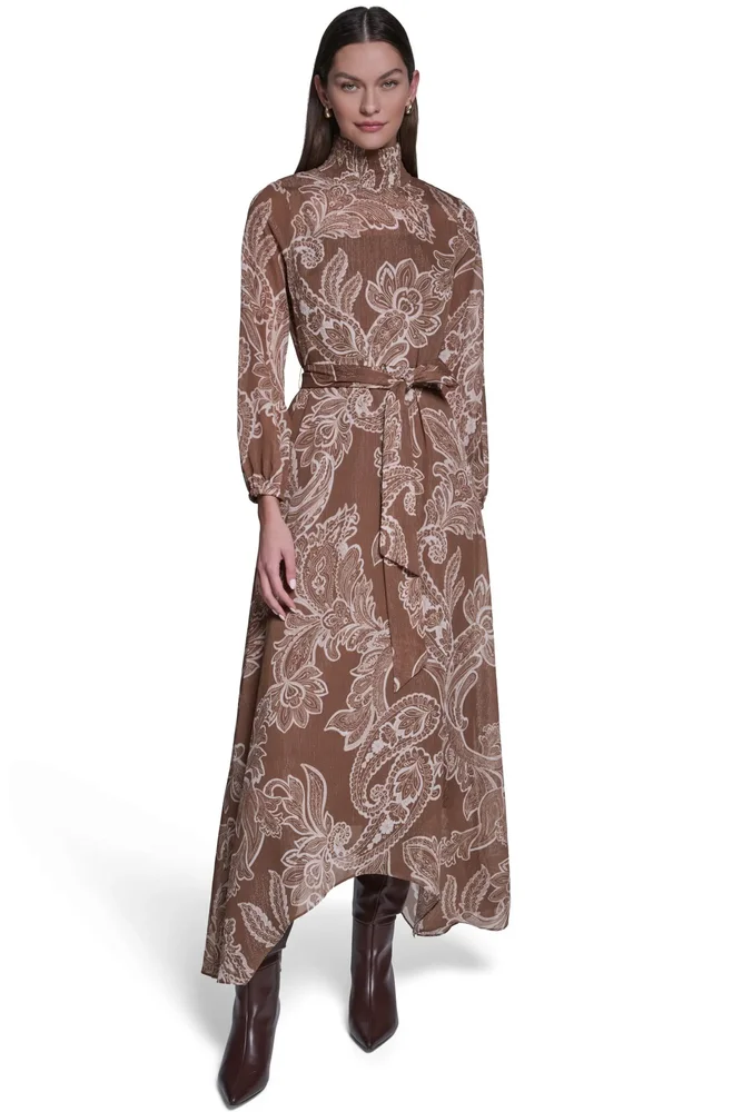 Long Sleeve Paisley Printed Chiffon Midi Dress