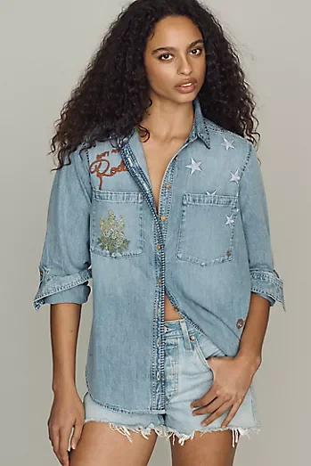 Pilcro Long-Sleeve Embroidered Icon Denim Buttondown Shirt