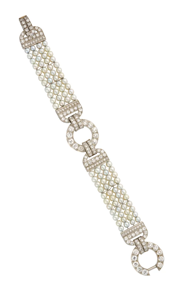 Art Deco Platinum Natural Pearl and Diamond Bracelet