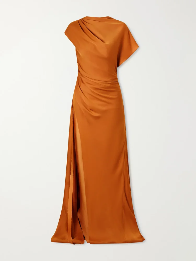 Asymmetric draped satin gown