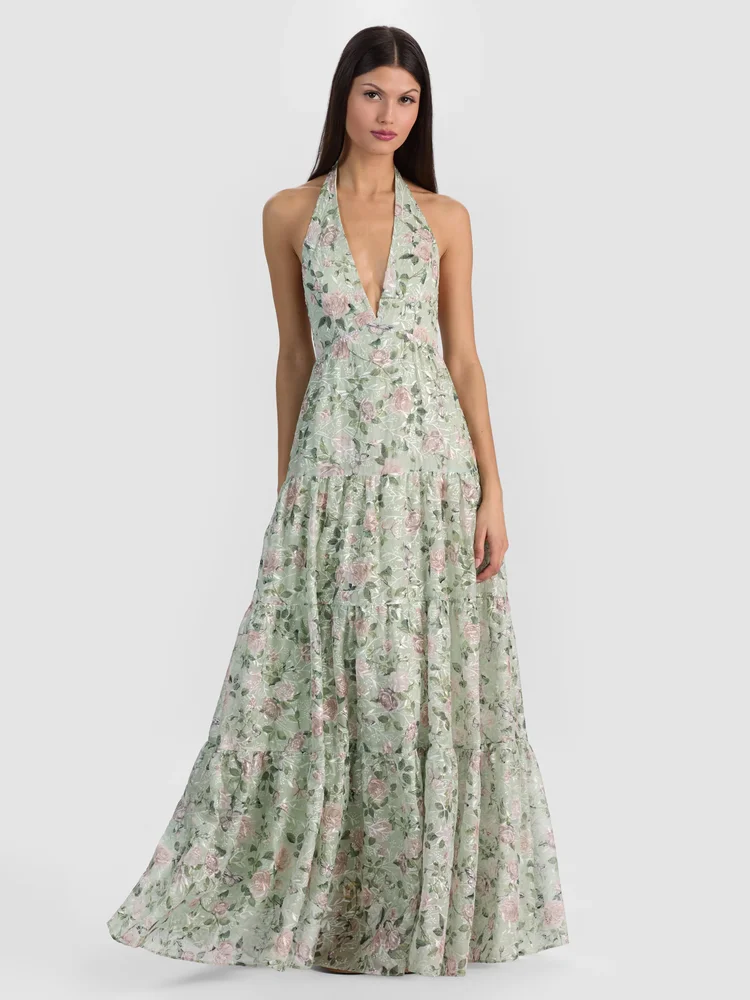 Alice + Olivia MAURA TIERED MAXI DRESS - GARDEN GOSSIP LIGHT SAGE