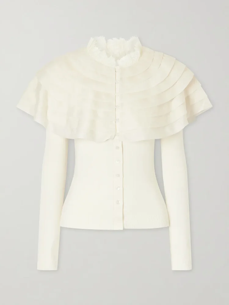 Wanda ruffled lace and brocade-trimmed wool cardigan