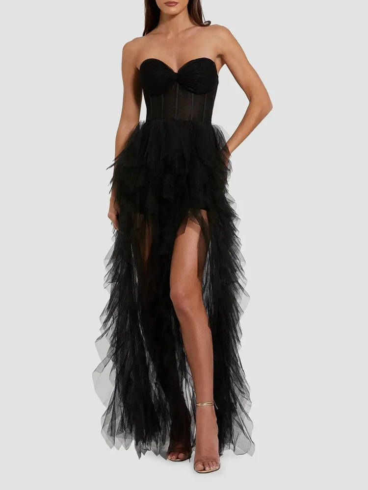 Tulle Strapless Bustier Ruffled Gown