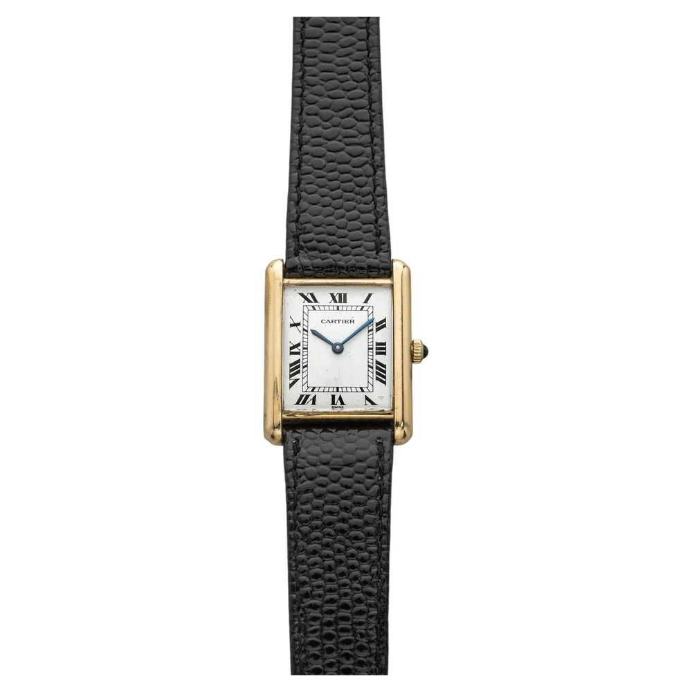 Pre-Owned Vintage 1970s Tank Louis 78086 18K Yellow Gold White Roman Dial