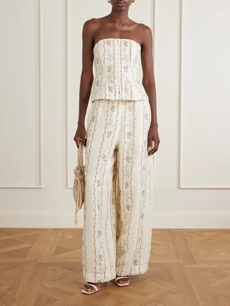 Tota Navegante floral-embroidered linen wide-leg pants