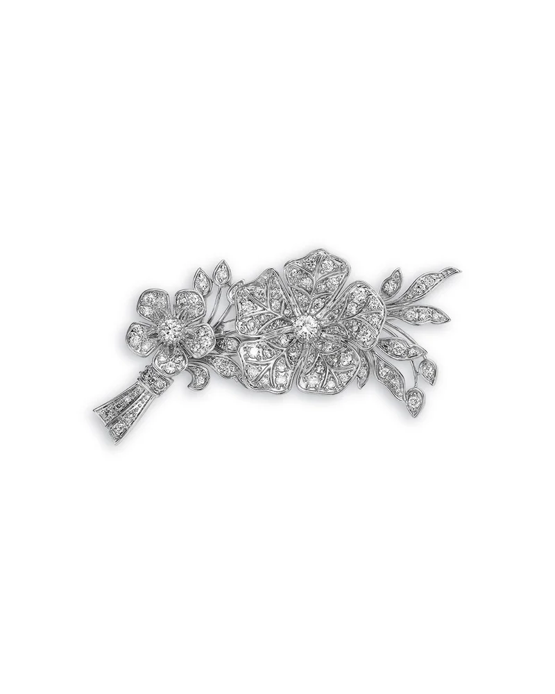 Diamond Flower & Vine Brooch in 14K White Gold, 1.00 tcw