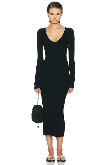 V Neck Butter Rib Midi Dress
