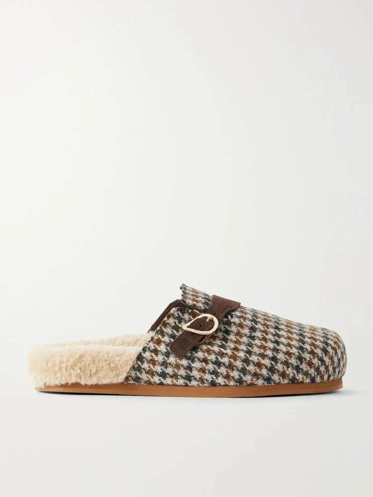 Vasilitsa shearling-trimmed houndstooth tweed mules
