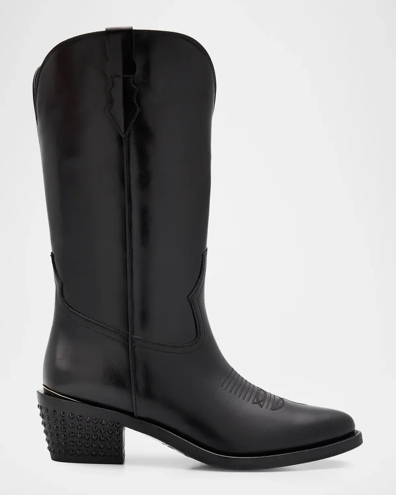 Sharon Leather Cowboy Boots with Crystal-Embellished Heel