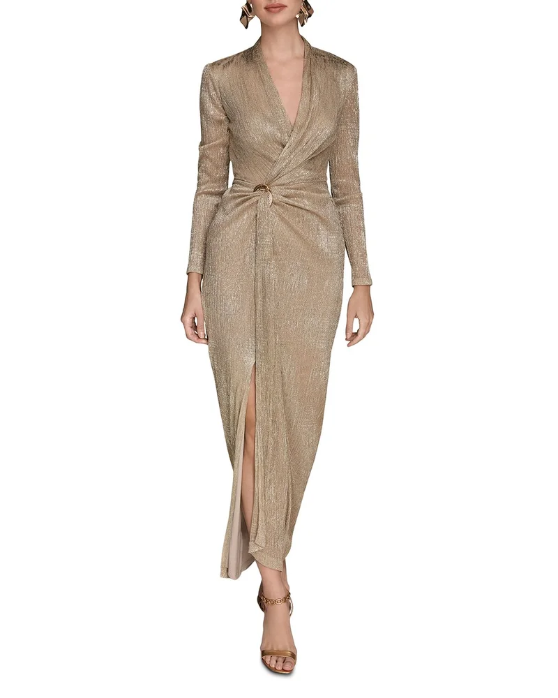 Metallic Crinkle Knit Faux Wrap Maxi Dress