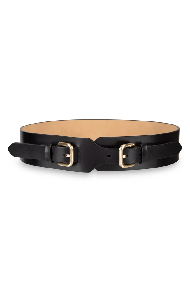 Double Buckle Leather Wide Belt