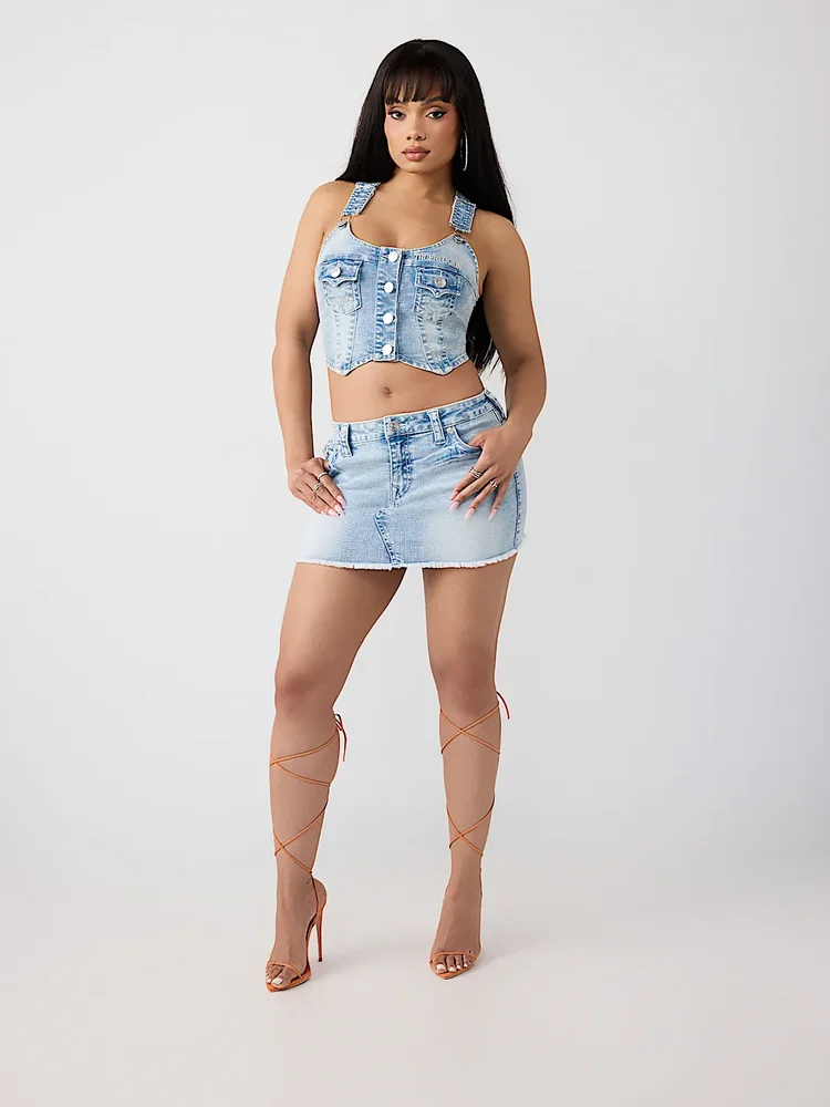 Sadie Mid Rise Flap Mini Denim Skirt