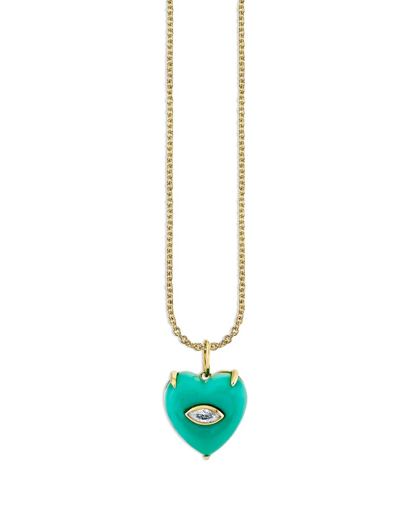 14K Yellow Gold Turquoise & Diamond Heart Pendant Necklace, 16"-18"