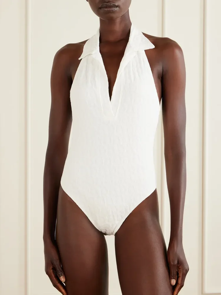 Polo floral-jacquard one-piece
