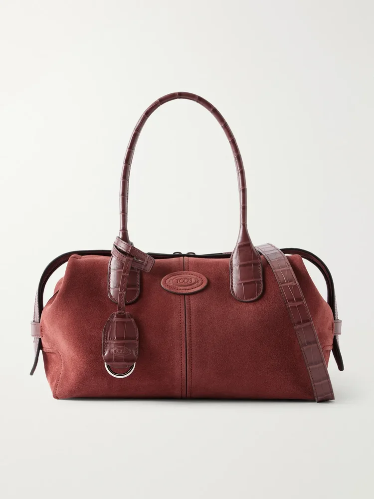 bauletto croc effect leather trimmed suede mini bag