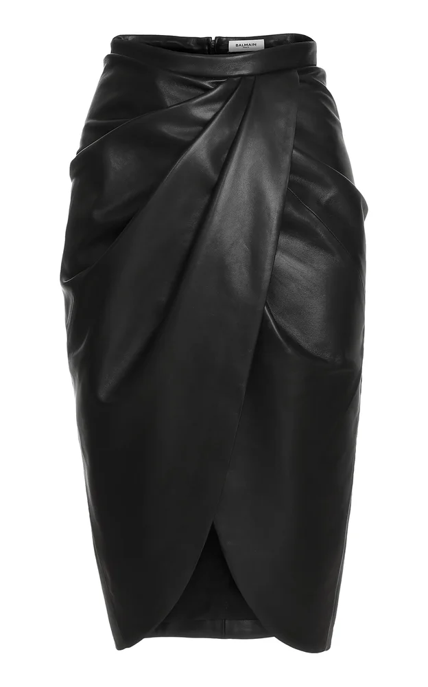 High-Waisted Draped Leather Midi Skirt