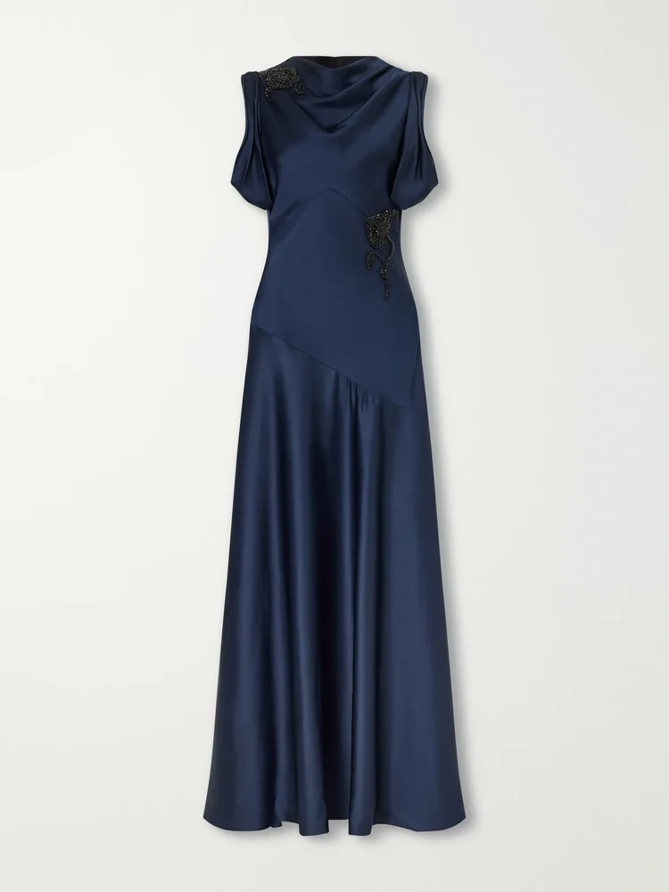 Embellished draped satin gown