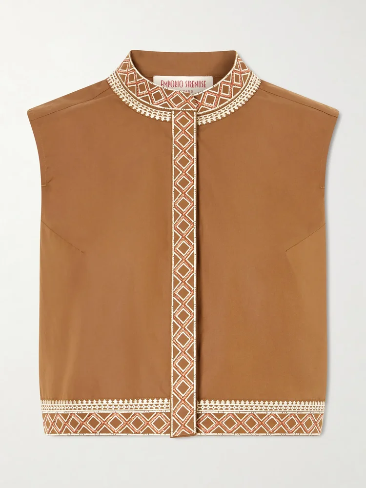 Andorra cropped embroidered lace-trimmed cotton-blend poplin top