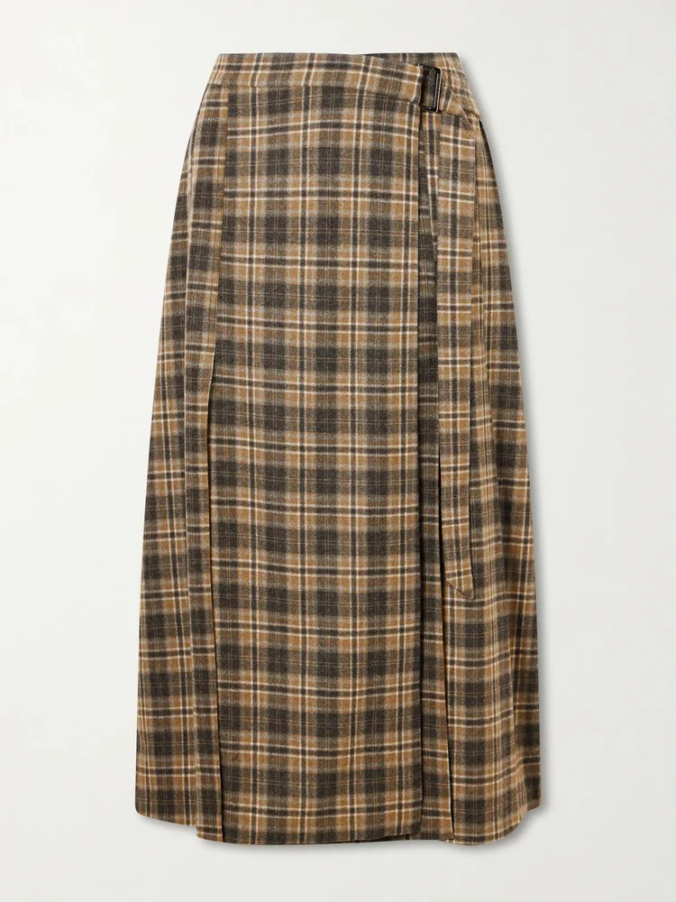 Checked wool-blend wrap midi skirt