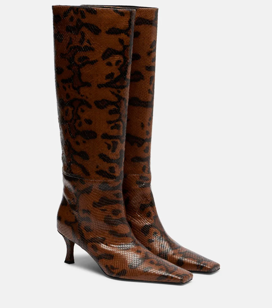 Snake-effect leather knee-high boots