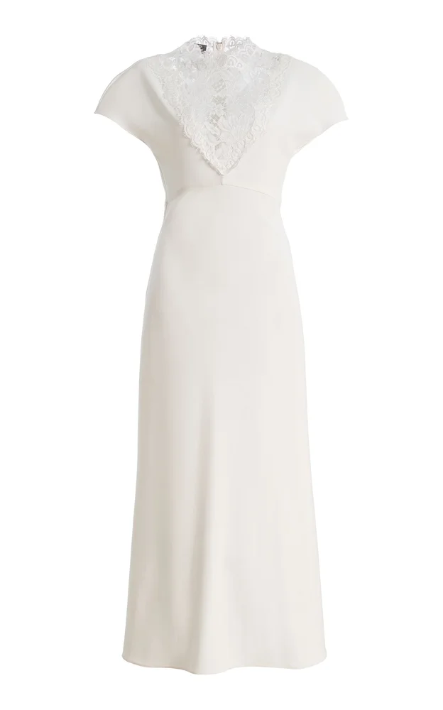 Stretch Crepe V-Neck Lace-Insert Midi Dress