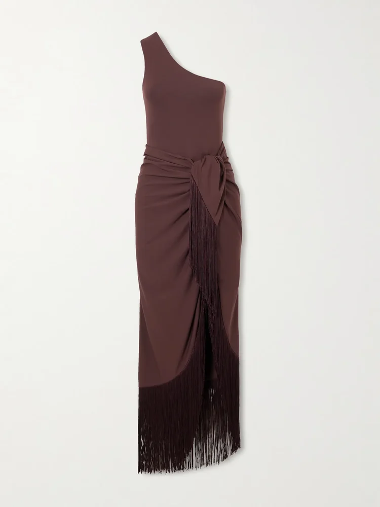 Rhodes one-shoulder swimsuit and fringed pareo set