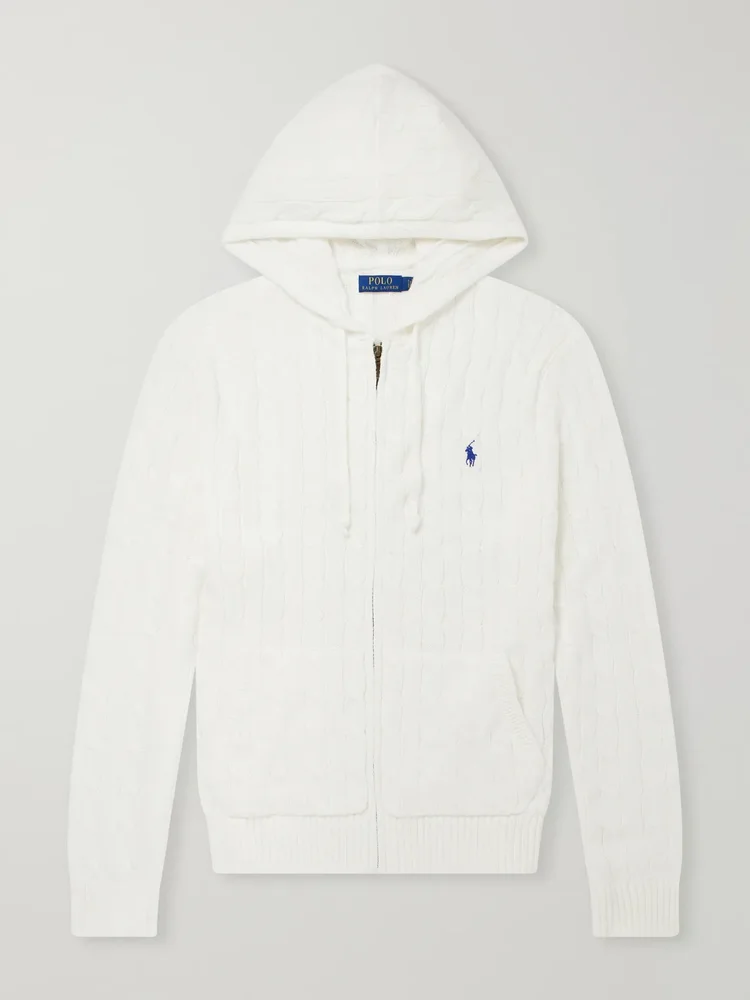 Logo-Embriodered Cable-Knit Cotton Zip-Up Hoodie