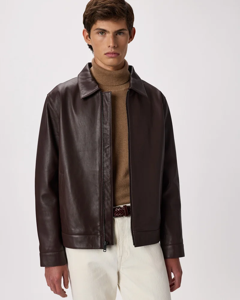 100% Leather Harrington Jacket in Rich Brown