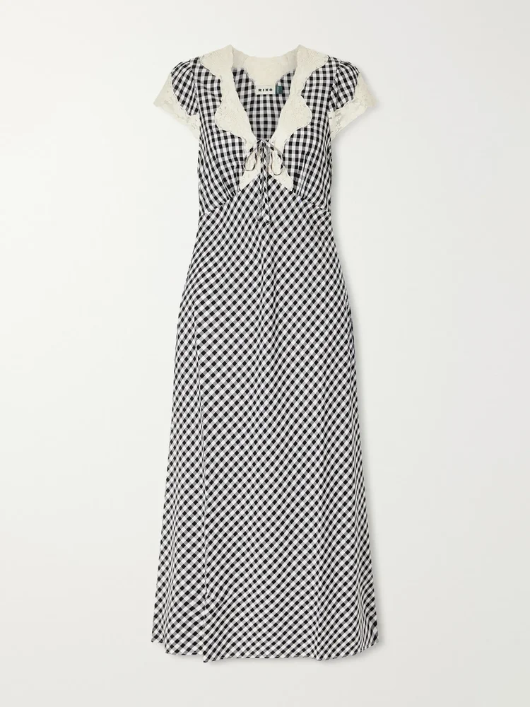 Amari bow-detailed lace-trimmed checked woven midi dress