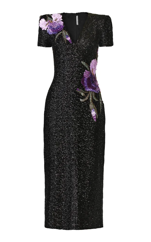 Floral Applique Sequined Midi Dress