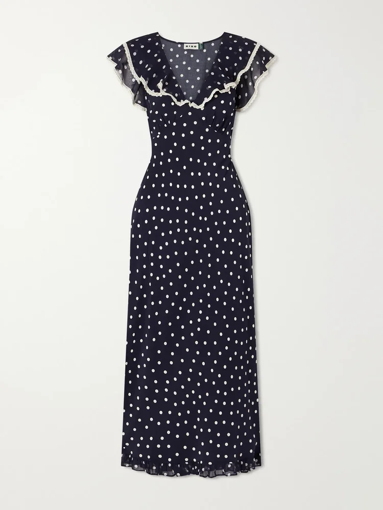 Bethea crochet-trimmed polka-dot crepe midi dress